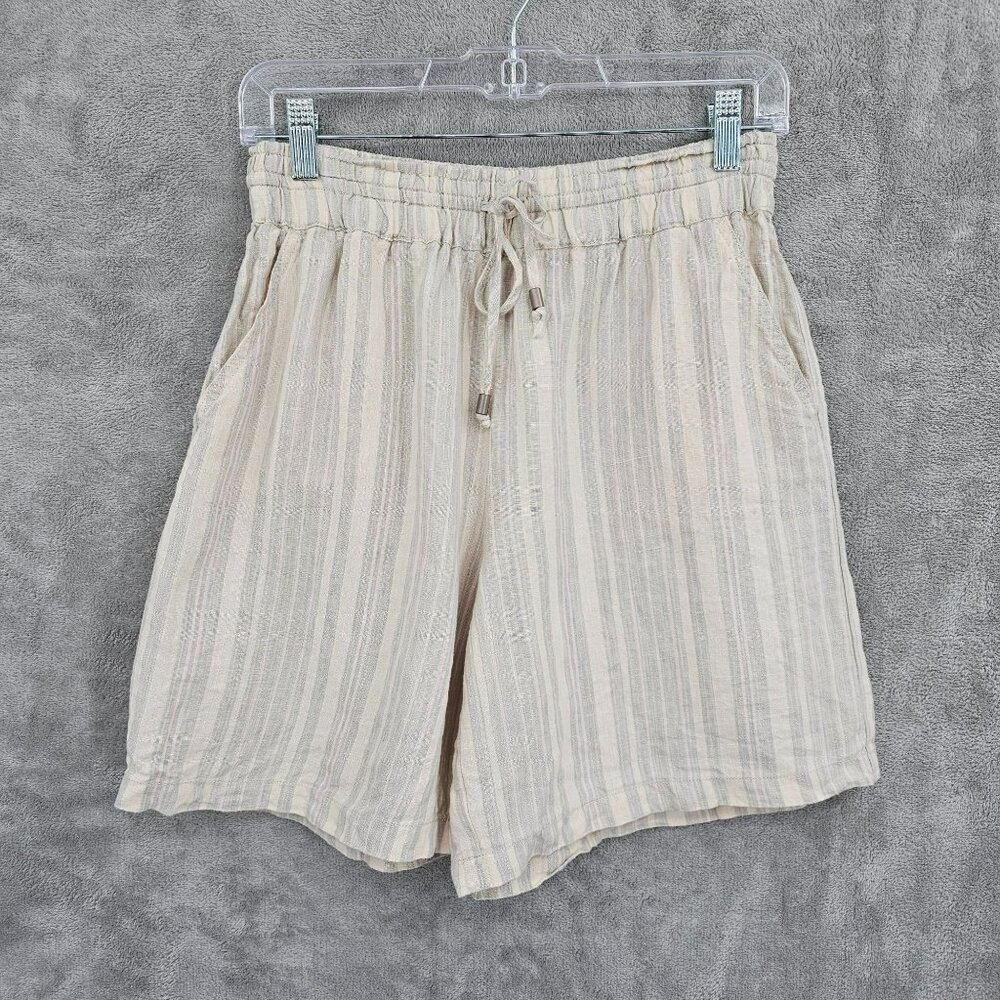 Anthropologie Beachy Linen Shorts XS Ivory Pink Stripes Elastic Waist Comfy Boho